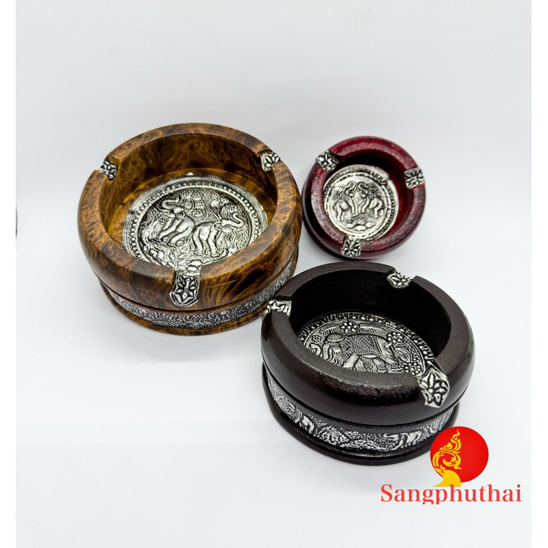 ที่เขี่ยบุหรี่ ที่เขี่ยบุหรี่ไม้ ที่เขี่ยบุหรี่ไม้ติดแผ่นเงินสลักรูปช้าง Ashtray ที่ระลึกไทย มีให้เลือก 3 สี 3 ขนาด