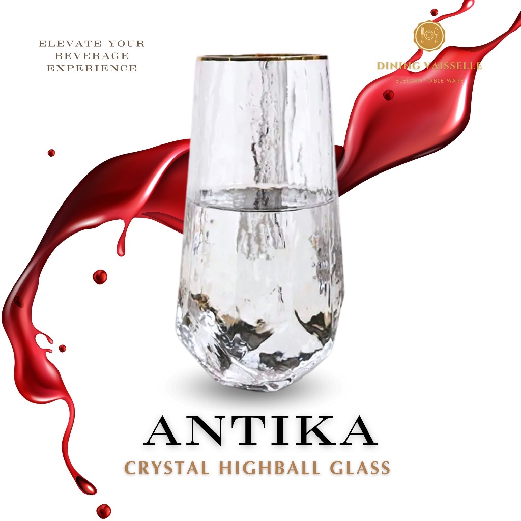 Dining Vaisselle แก้วน้ำขอบทอง หรูหรา สวยงาม Antika Crystal Tall Glass with Gold rim