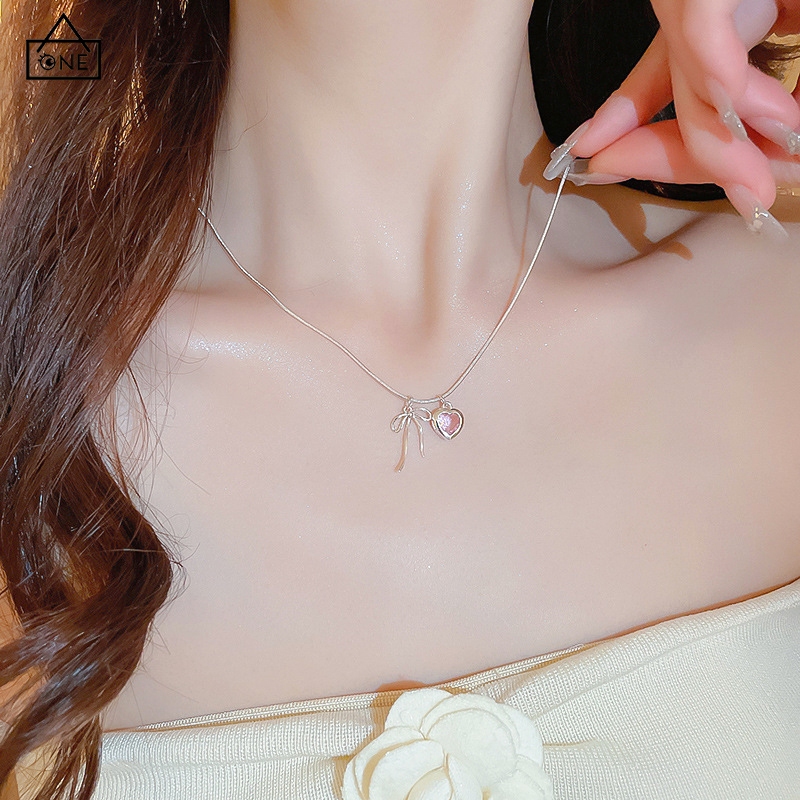 COD❤️สร้อยคอเงินS925จี้โบว์หัวใจเพทายสีชมพูหวานสไตล์เกาหลีโซ่ไหปลาร้าแฟชั่นเครื่องประดับ-a.one