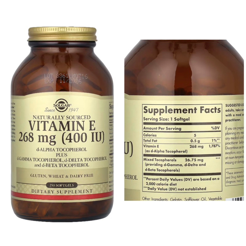 exp 2027 วิตามินอี  Solgar Vitamin E 268 MG (400 IU) Softgels - รูปที่ 3