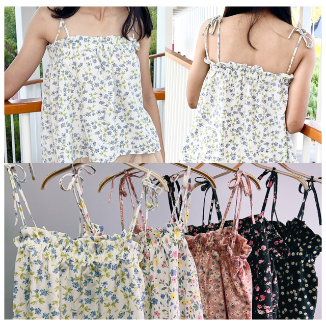 เสื้อสายเดี่ยวแฟชั่น ผ้าไหมอิตาลีพิมพ์ลาย ฟรีไซส์ สายผูกโบว์