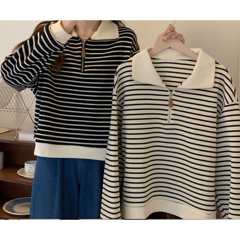 เสื้อแขนยาวผ้ายืดคอปกลายทาง Autumn and winter new loose half-zip long-sleeved tops large size fat mm