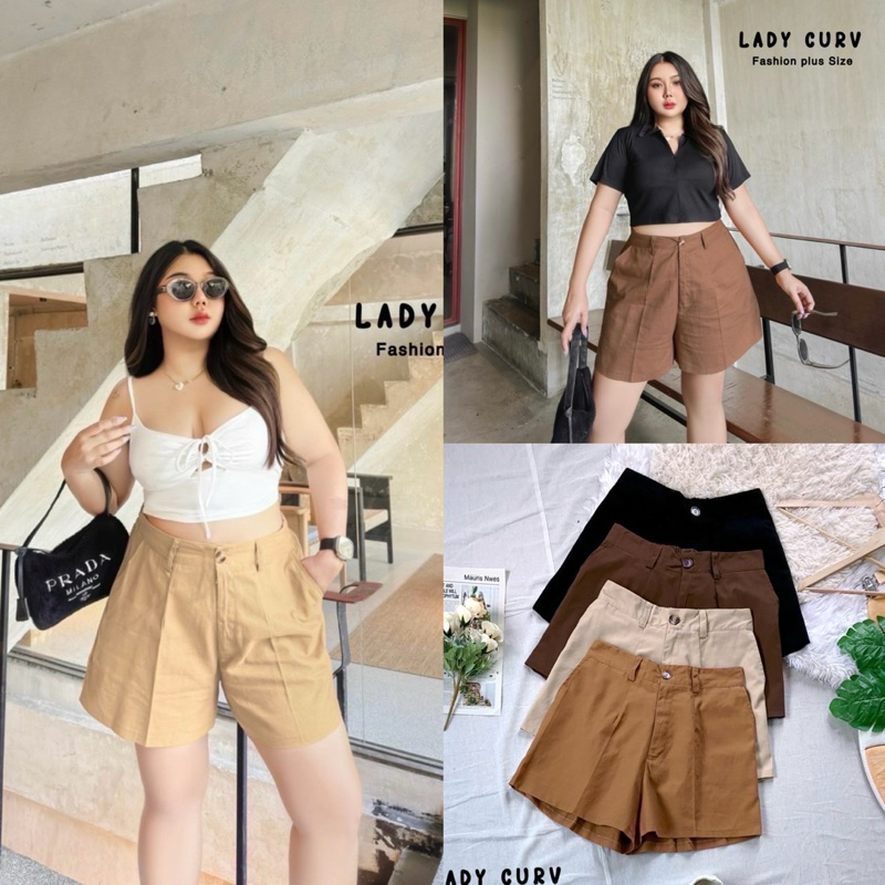 (LC) กางเกงขาสั้นลำลอง เอวสูง สม็อคหลัง ทรงสวย ใส่สบาย เสื้อผ้าสาวอวบอ้วน พลัสไซส์ ไซส์ใหญ่