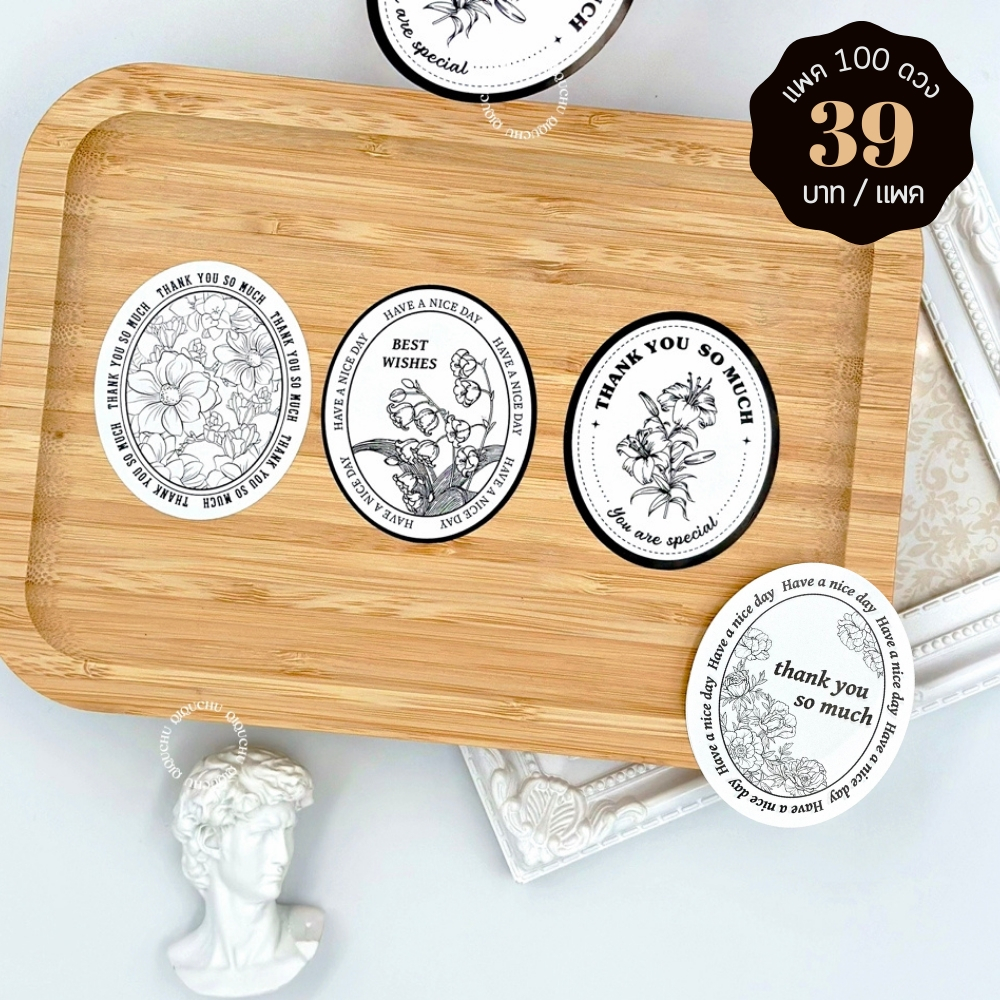 [พร้อมส่ง🇹🇭] (แพค 100ดวง) สติ๊กเกอร์ "Thank you & Best wishes" ชุด Roman Flowers Art