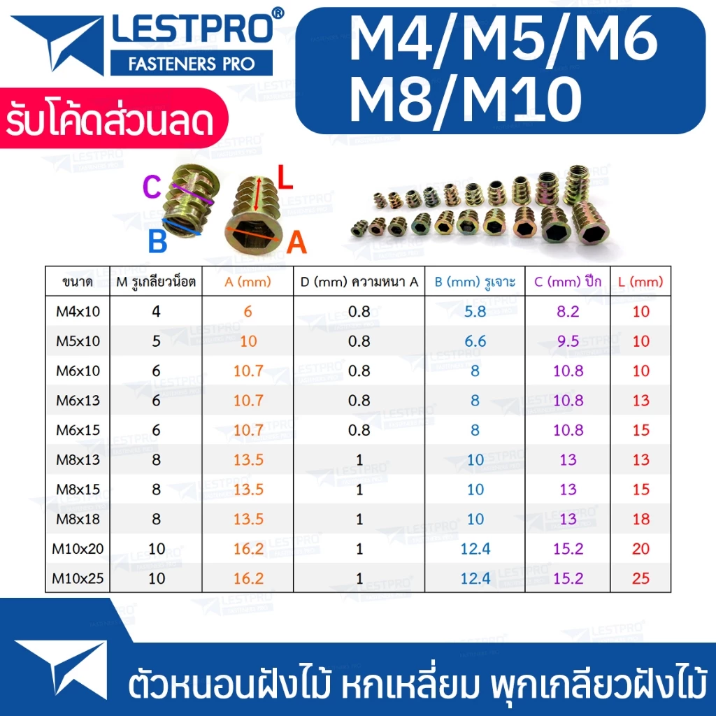ตัวหนอนฝังไม้ หกเหลี่ยม M4 M5 M6 M8 M10 พุกเกลียวฝังไม้ thumbnail 3