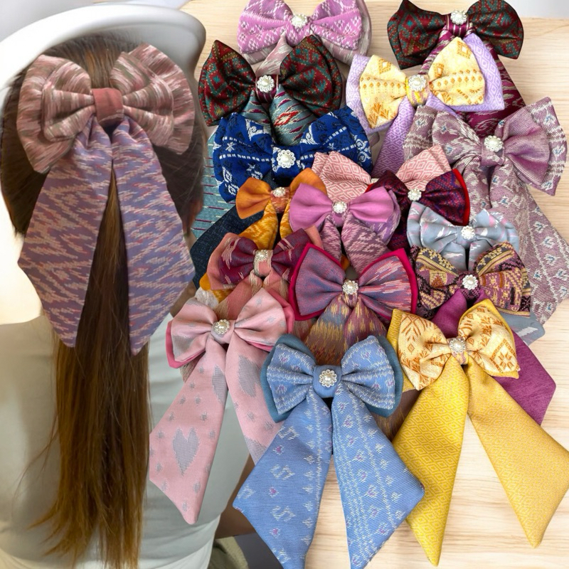 🇹🇭ร้านไทย📍มี92ลายพร้อมส่ง โบว์ติดผมผ้าทอลายไทย โบว์ผ้าไทย