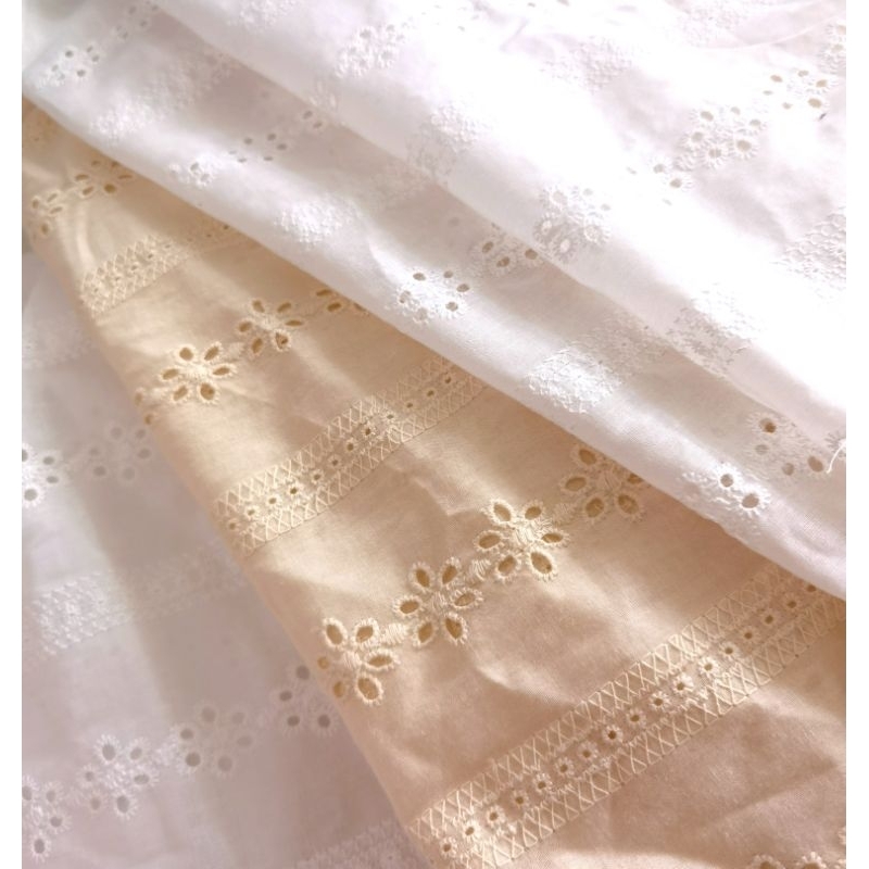 คอตต้อนปักลูกไม้ญี่ปุ่น ดอกเดซี่ ลูกไม้ครีม ผ้าเมตร ตัดเสื้อ lace fabric ลูกไม้ขาว