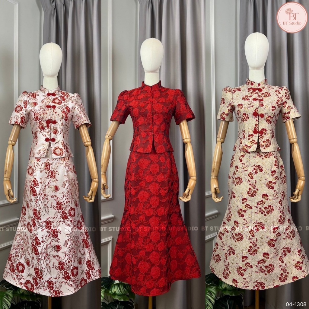 BT 04-1308 เซท 2 ชิ้น เสื้อแขนสั้นคอจีนแต่งกระดุมจีนด้านหน้า แมทซ์กับกระโปรงยาวปลายชายบานออก งานผ้าทอลาย มีซับในทั้งตัว