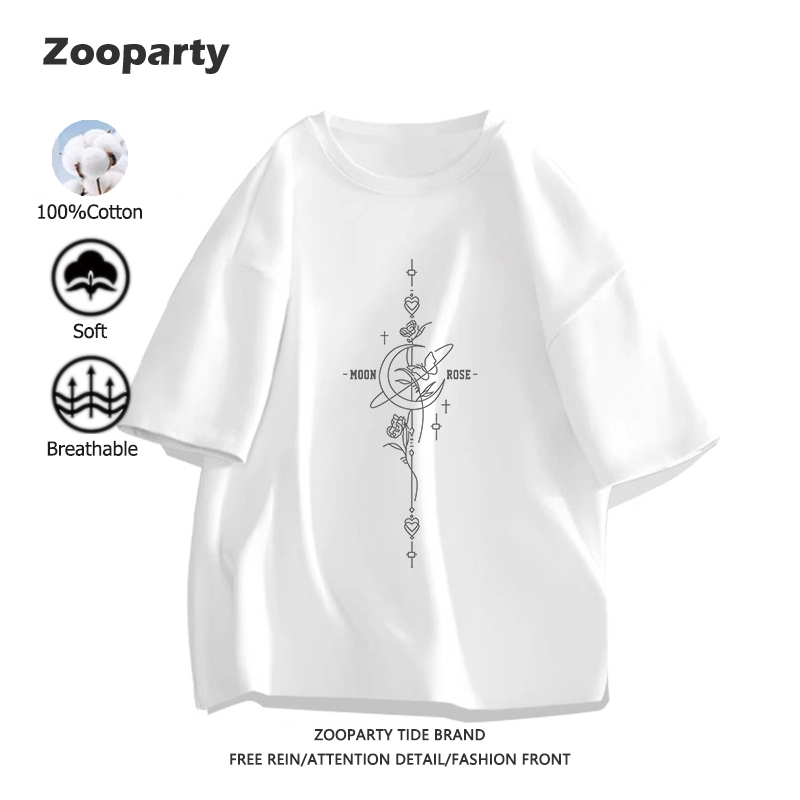 เสื้อยืดผู้หญิงผู้ชาย แฟชั่น กุหลาบ เดือน oversize ผ้าคอตตอน S-3XL รูปแบบมินิมอล นักเรียน เสื้อผช ผ้านุ่ม พร้อมส่ง