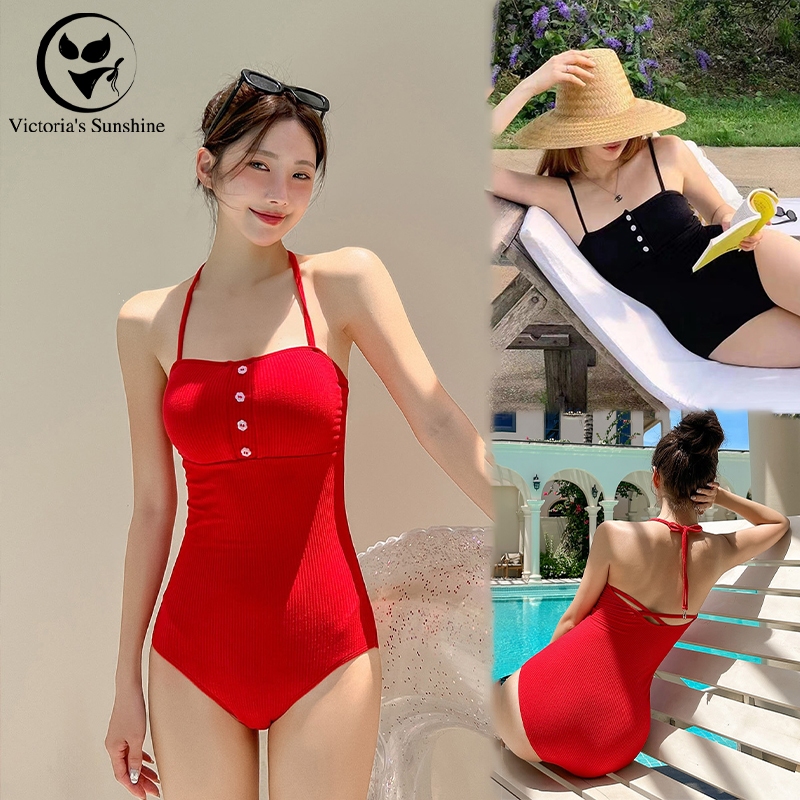 ชุดว่ายน้ำวันพีช สไตล์เกาหลี ชุดว่ายน้ำผู้หญิง red มีฟองน้ำ summer beach ผ้าแห้งเร็ว#0594