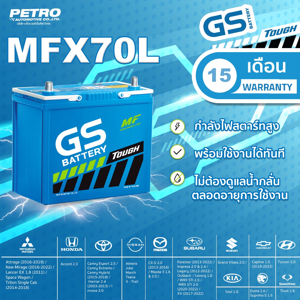 GS Battery ยีเอสแบตเตอรี่ MFX-70L ขนาด 65 แอมป์ พร้อมใช้งานไม่ต้องเติมน้ำ ไม่ต้องชาร์ทไฟ