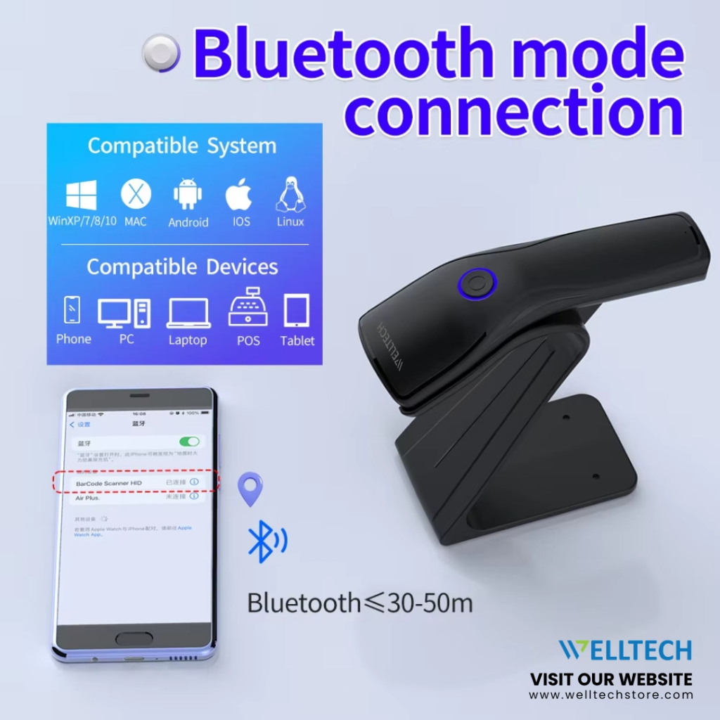 WELLTECH เครื่องสแกนบาร์โค้ดไร้สาย อ่านบาร์โค้ด 1D 2D QR Barcode Scanner รุ่น X-3500B