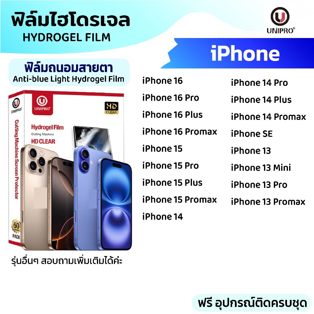 UniPro ฟิล์มใสไฮโดรเจลถนอมสายตา ใช้สำหรับ (IPHONE) รุ่น 11 12 13 14 15 16 Mini