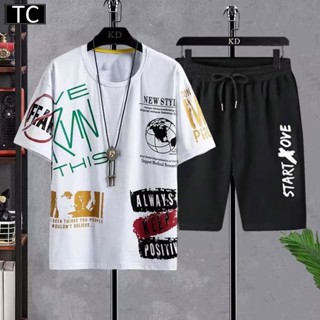 TC ชุดแฟชั่นชาย 2 ชิ้น เสื้อยืดแขนสั้น + กางเกงขาสั้น ชุดกีฬ…
