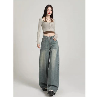 (S-3XL) Jinjeans กางเกงยีนส์ขากระบอกสีเทา แต่งเฟด (909เฟดหน้า-หลัง) Clothing ผู้หญิง เสื้อผ้า Women Lady