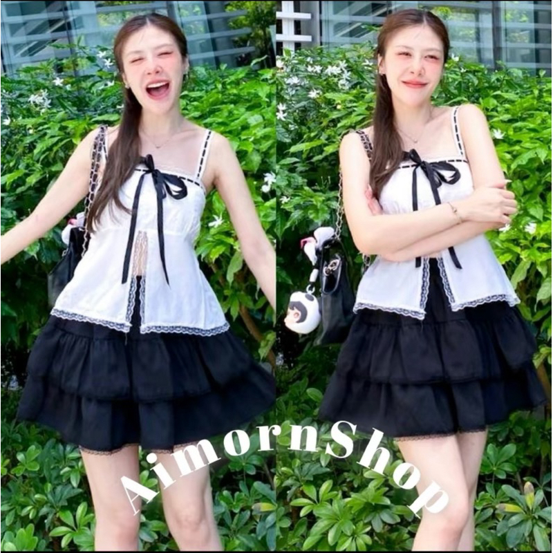 aimorn_shop เสื้อสายเดี่ยว ผ่าหน้า สายลูกไม้สอดริบบิ้น ใส่แมทช์กับกระโปรง น่ารักมาก