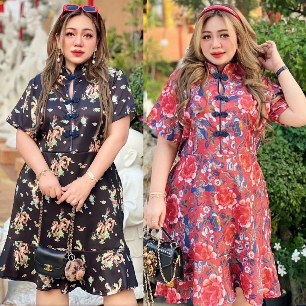 Plus size เดรสกี่เพ้าอกเว้าหยดน้ำผ้าเปลือกไม้ปลายหางปลาของสาวอวบ ใส่วันตรุษจีน รุ่น ด.ลู่หลิน(F19)