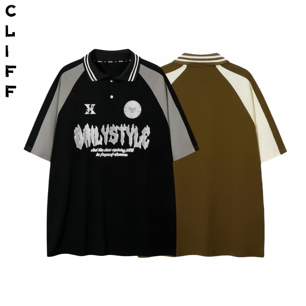 CLIFF แขนสั้นผู้ชาย เสื้อโปโลวินเทจสไตล์อเมริกัน แฟชั่นทรงหลวม