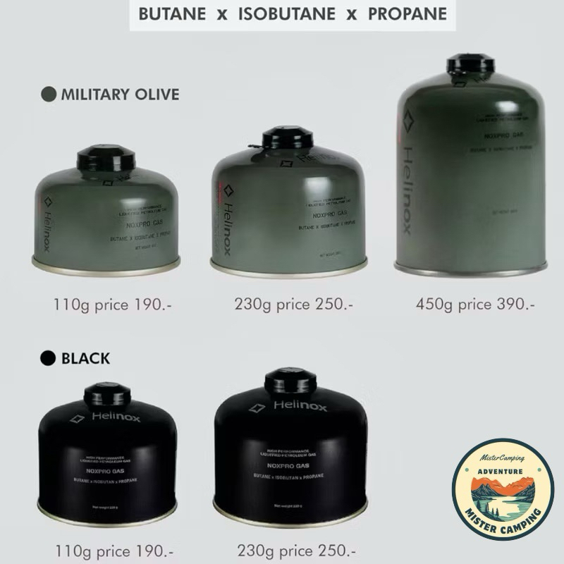 แก๊สซาลาเปาHelinox NoxPro กระป๋องสีดำและสีOlive แบบฉบับ Helinox 110/230/450G แก๊สซาลาเปา Helinox