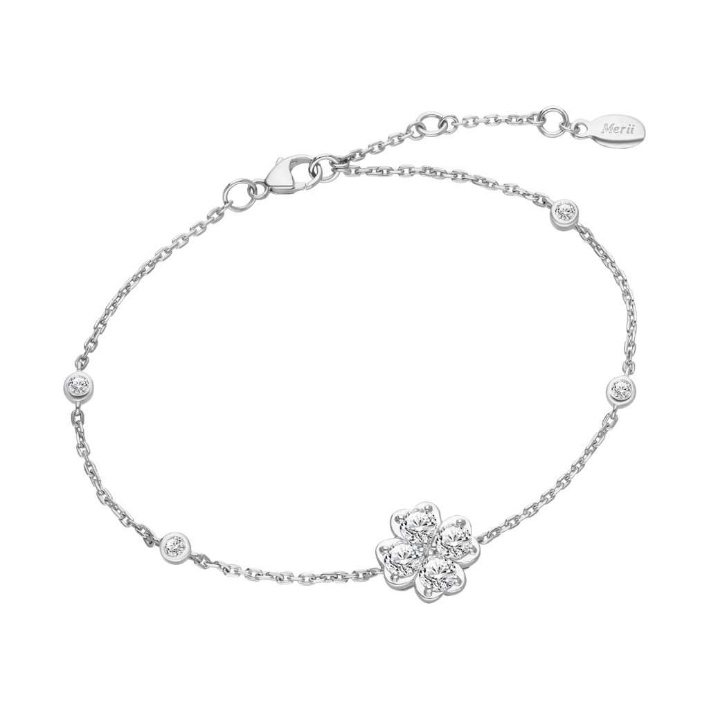 Merii สร้อยข้อมือเงินแท้ชุบโรเดียม ประดับ CZ ดีไซน์ใบโคลเวอร์ ยาว 6 นิ้ว Lucky Clover