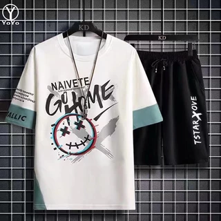 YOYO ชุดแฟชั่นชายเสื้อยืดแขนสั้น + กางเกงขาสั้น ผ้าแห้งเร็วหลวมชุดกีฬาและชุดพักผ่อน รุ่น2803