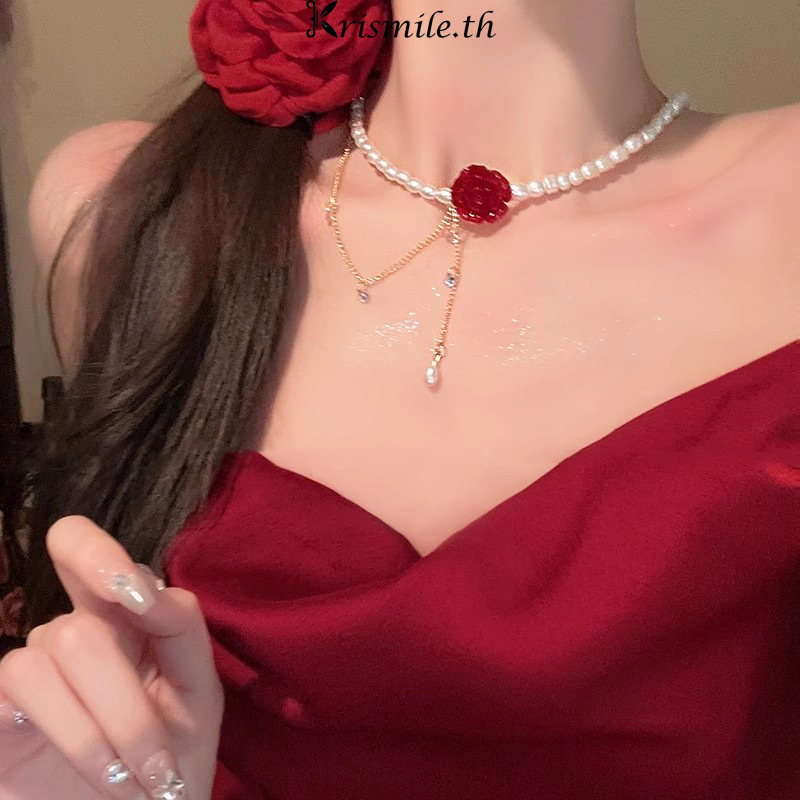 COD-ในไทย สร้อยคอมุก จี้กุหลาบ สีแดง ละเอียดอ่อน สไตล์หรูหราแสง สำหรับผู้หญิง เครื่องประดับแฟชั่น เหมาะกับของขวัญ-kri