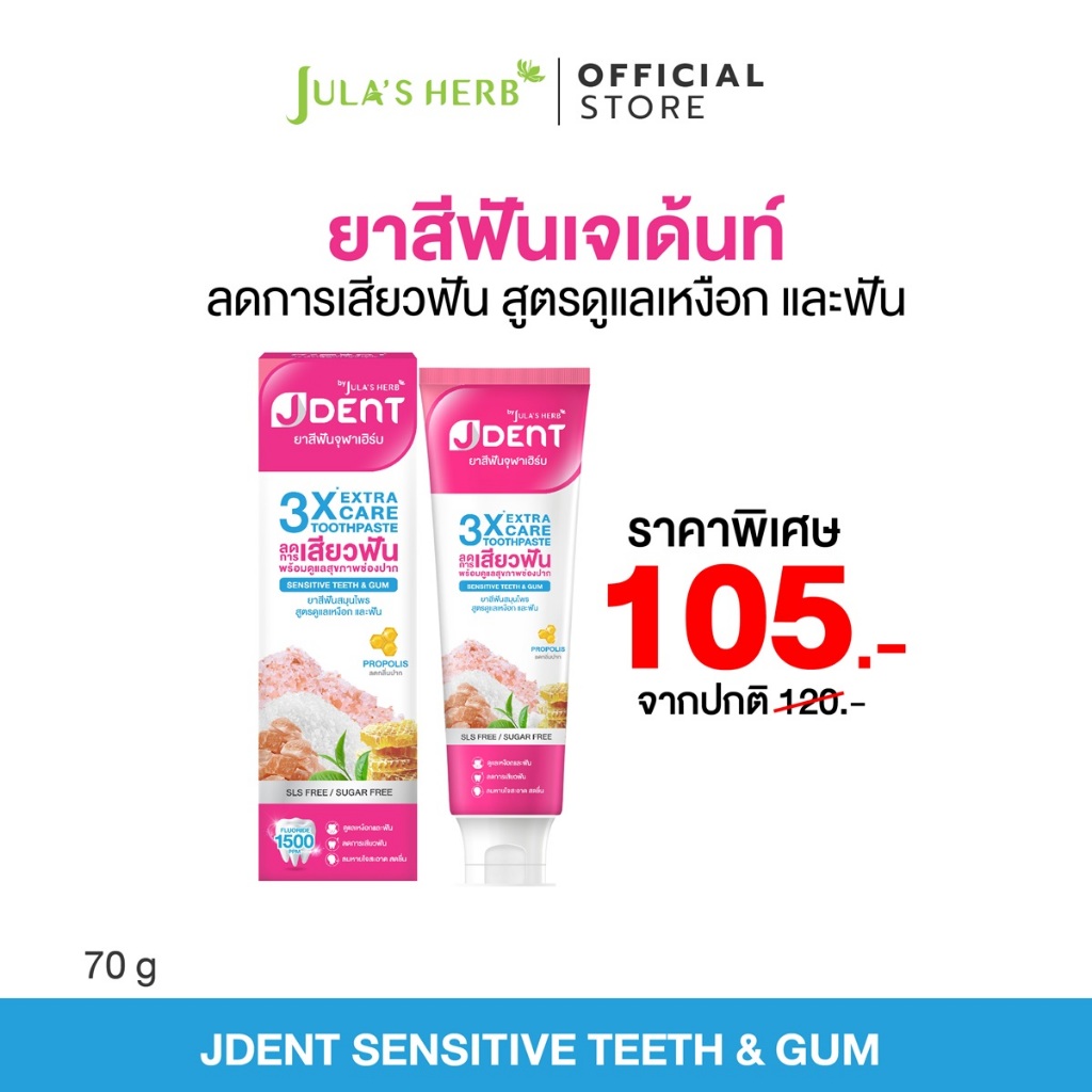 (สูตรใหม่ ยาสีฟันเจเด้นท์ สูตรลดอาการเสียวฟัน) JULA'S HERB JDENT 3X EXTRA CARE TOOTHPASTE 1 หลอด