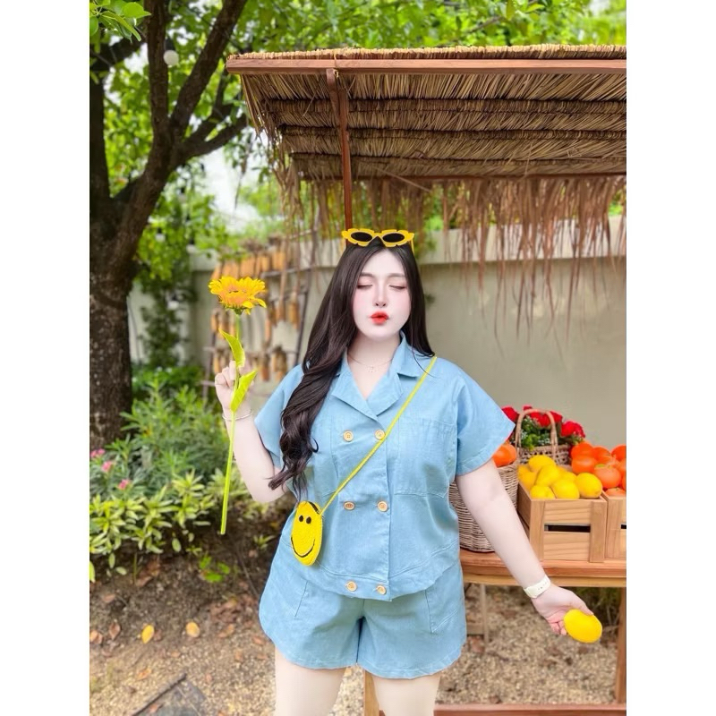 ชุดเซ็ต 2 ชิ้น เสื้อ+กางเกงขาสั้น งานเนื้อยีนส์ยืดนิดหน่อย ทรงสวย ใส่สบาย รอบอก 40-48 นิ้ว