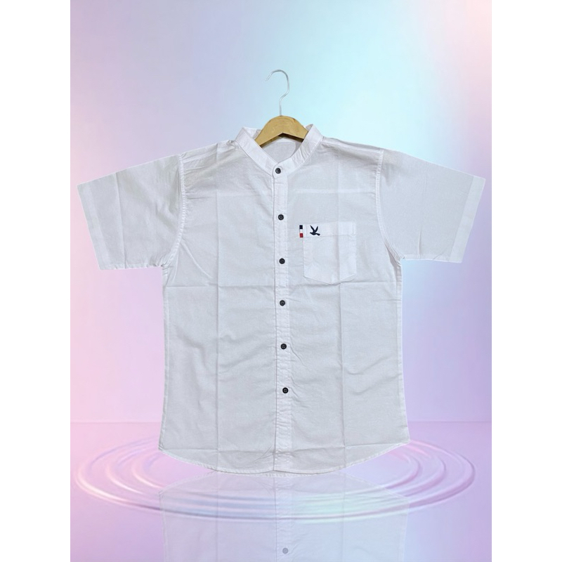 เสื้อเชิ้ตคอจีนแขนสั้นลายปีกนกมีมีกระเป๋าด้านหน้าผ้าใส่สบายทรงสวย