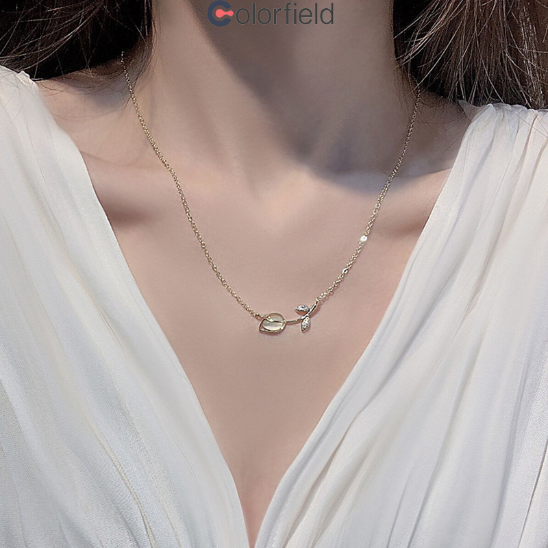 Colorfield สร้อยคอโซ่ จี้ดอกทิวลิป ประดับเพชร โอปอล สไตล์เรโทร สําหรับผู้หญิง หวาน อ่อนโยนโซ่กระดูกไหปลาร้า