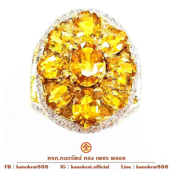 แหวนพลอยบุษราคัมจันท์แท้ สีทอง 7.3 กะรัต พลอยสวยฉ่ำมาก ประดับเพชรธรรมชาติ 66/0.45 กะรัต งานดีไซน์ดอก