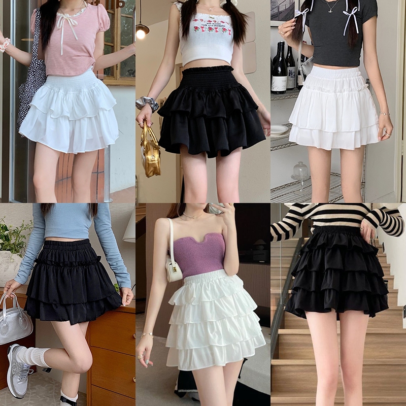 YOYO โปรโมชั่น กระโปรงสั้น ล้างสต๊อก Y2K สีพื้น ทรงเอ เอวสูง ทรงหลวม มีซับใน ครึ่งตัว ผู้หญิง เอวยางยืด สำหรับผู้หญิง