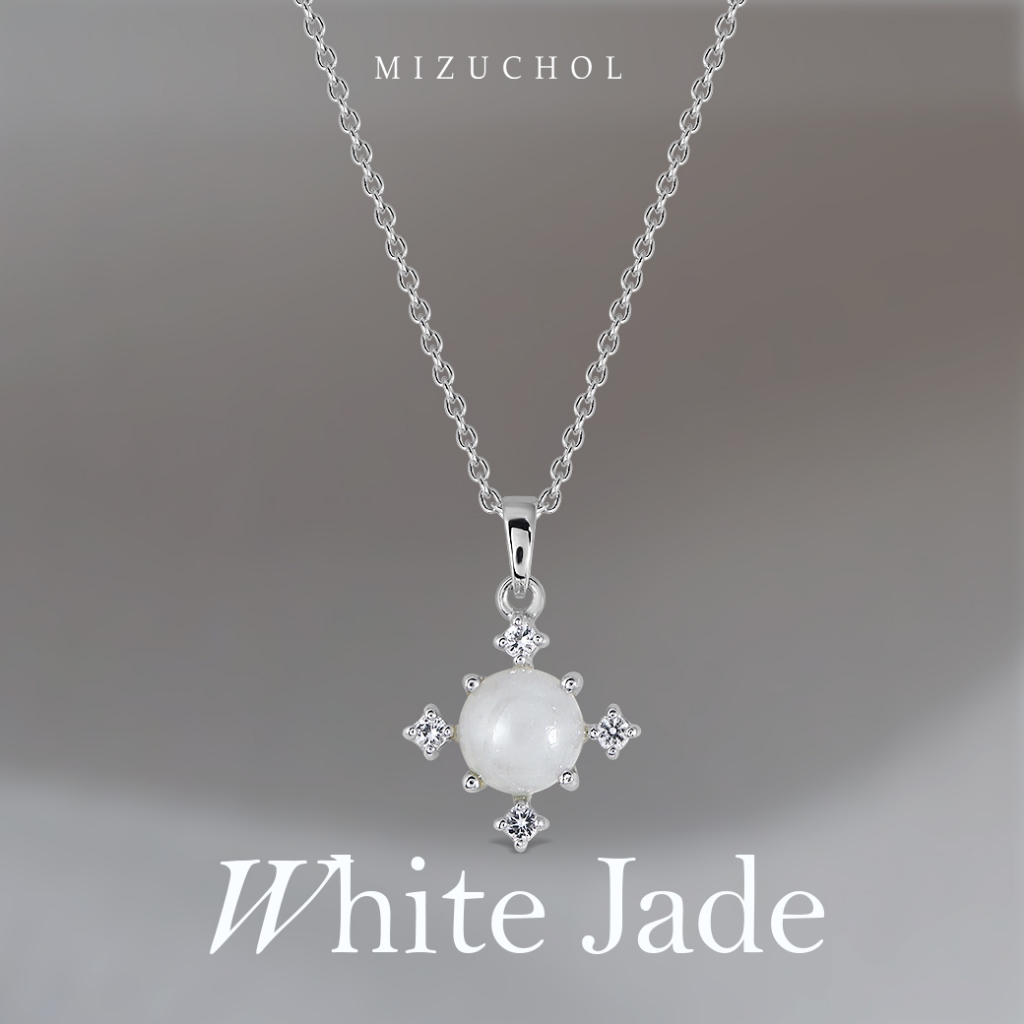 Mizuchol สร้อยเงินแท้ชุบทองคำขาว ประดับหยกขาว และพลอย White Topaz แท้ – Gentle Love Necklace