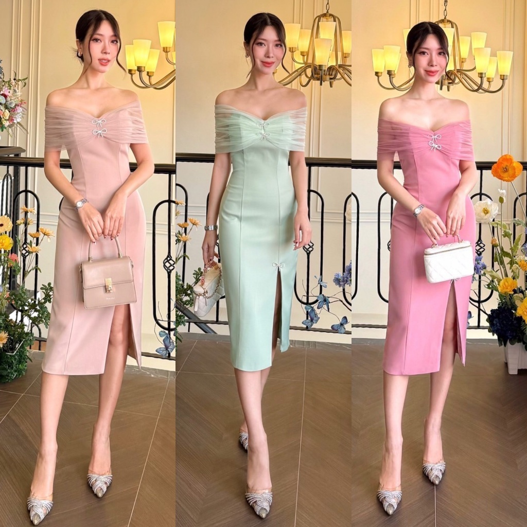 ❣️พร้อมส่ง📌 STYLISTA 110 เดรสปาดไหล่แต่งโบว์เพชร ใส่ออกงาน ออกเดท ดินเนอร์ ไปงานแต่ง เพื่อนเจ้าสาว