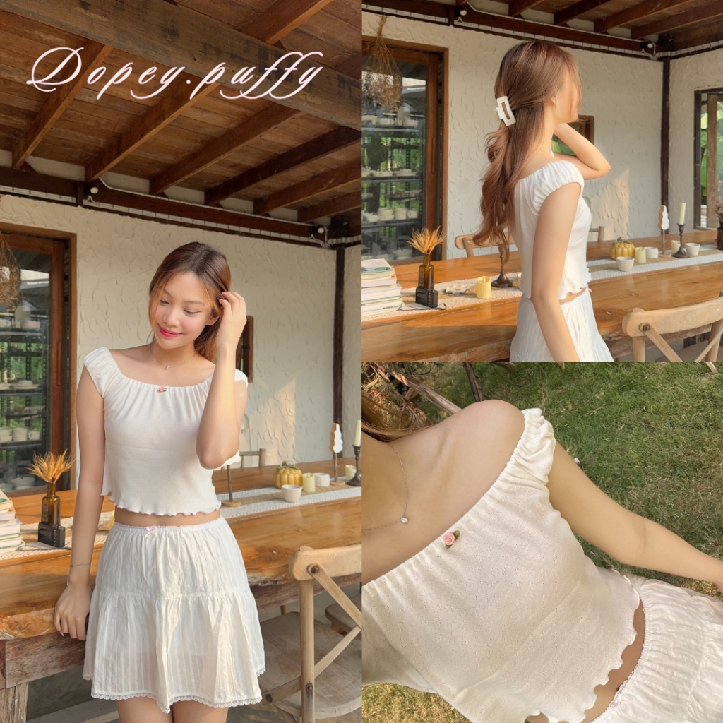 N14 dopey.puffy เสื้อครอปแขนตุ๊กตาผ้าฉลุหัวใจ