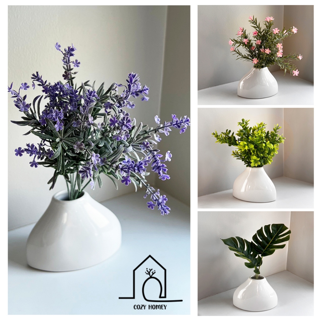 ชุดแจกันเซรามิก ทรงวงรี สีขาว พร้อมดอกไม้ ตกแต่งบ้าน | Flower Vase - Cozy Homey