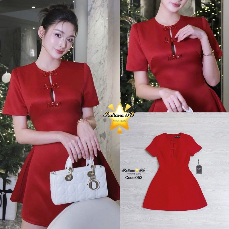 เพรสสีแดงแต่งโบว์ 053 ชุดเดรสใส่ไปงานสีแดง งานป้าย Rattana