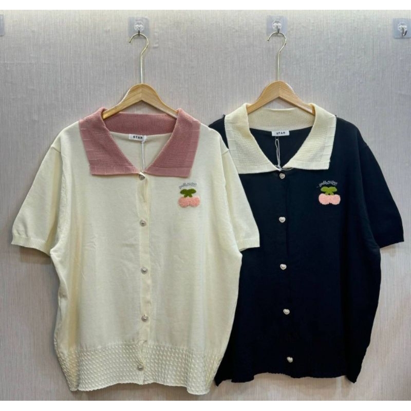 🍒🎄บิ๊กไซส์🎄🍒เสื้อไหมพรมแขนสั้น คอปกทอลายเชอร์รี่🍒🍒BC140เสื้อไหมพรม แขนสั้น คอปก ดีเทลสวยๆลาย🍒🍒