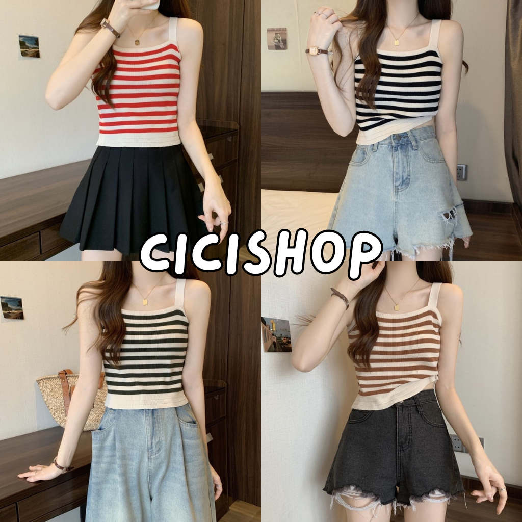 Cicishop(91011)เสื้อกล้ามครอปไหมพรม ลายทาง ผ้ายืด เเมทซ์ได้ทุกลุค