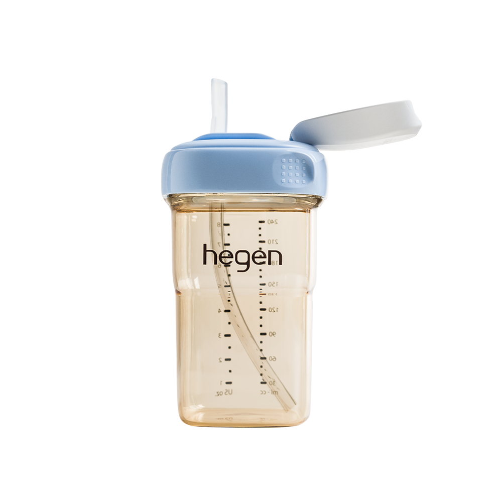 Hegen ขวดดื่มน้ำพร้อมหลอด ขนาด 8 ออนซ์/ 240 มล. สำหรับ 6 เดือน+ สีฟ้า - Straw Cup (Slow Flow)