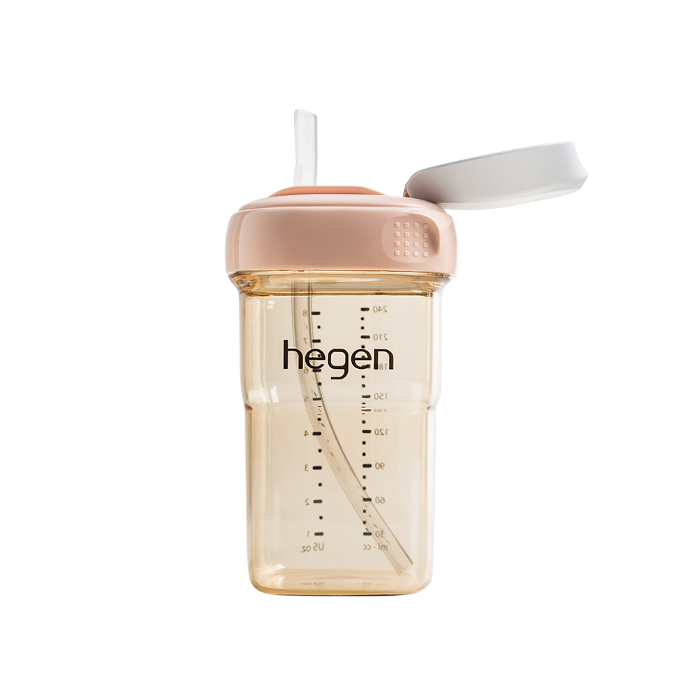 Hegen ขวดดื่มน้ำพร้อมหลอด ขนาด 8 ออนซ์/ 240 มล. สำหรับ 6 เดือน+ สีชมพู - Straw Cup (Slow Flow)