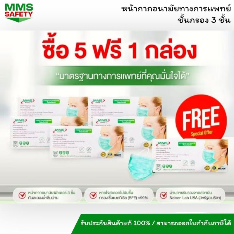 MMS MASK หน้ากากอนามัย 3 ชั้น กรองฝุ่นและเชึ้อโรค (ซื้อ 5กล่อง ฟรี 1 กล่อง )