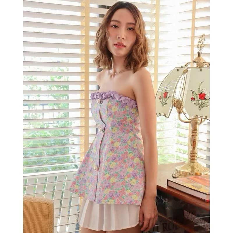 kokiji - janne top เสื้อเกาะอกสีม่วงลายดอก