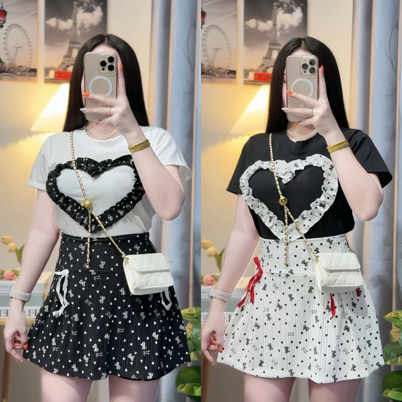 ชุดเซ็ต2ชื้น เสื้อผ้าร่องหัวใจระบาย กางเกงกระโปรง ฟรีไซร์ s m l สาวอวบใส่ได้