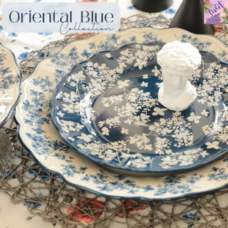 Violet Flamingo จานชามเซรามิครุ่น Oriental Blue จานสีขาวน้ำเงินลายดอกไม้ สไตล์ตะวันออกผสมวินเทจ เข้าไมโครเวฟได้