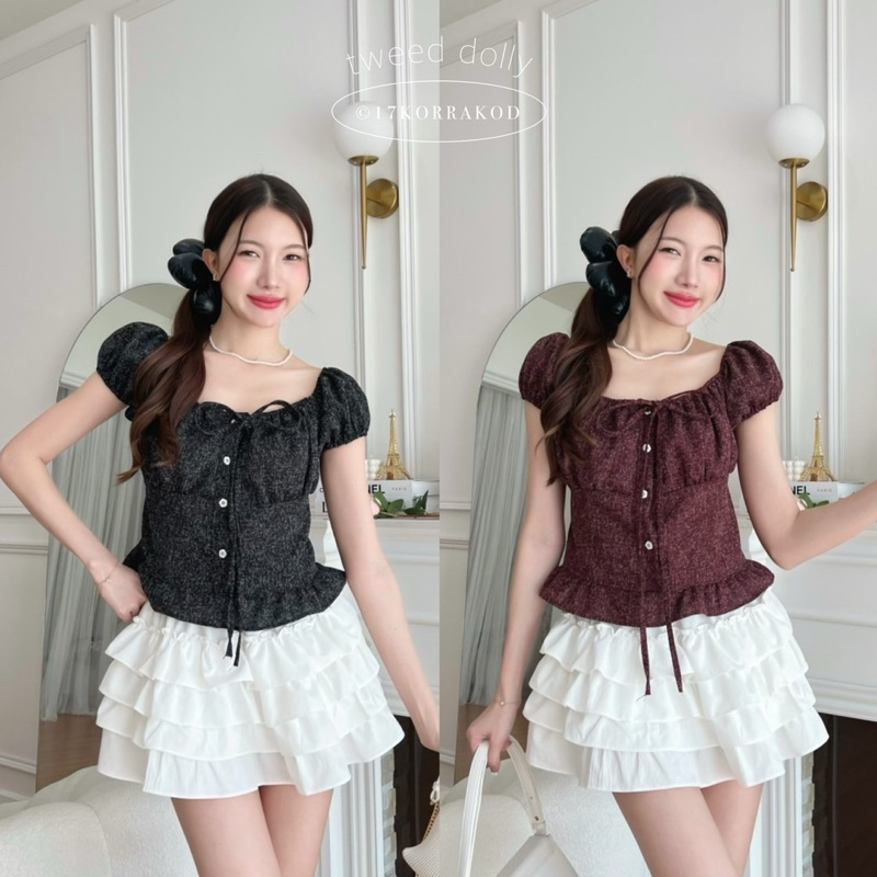 เสื้อทวีตแขนดอลลี่ผูกโบว์หน้า สม็อคหลัง Tweed (Tothemoon)