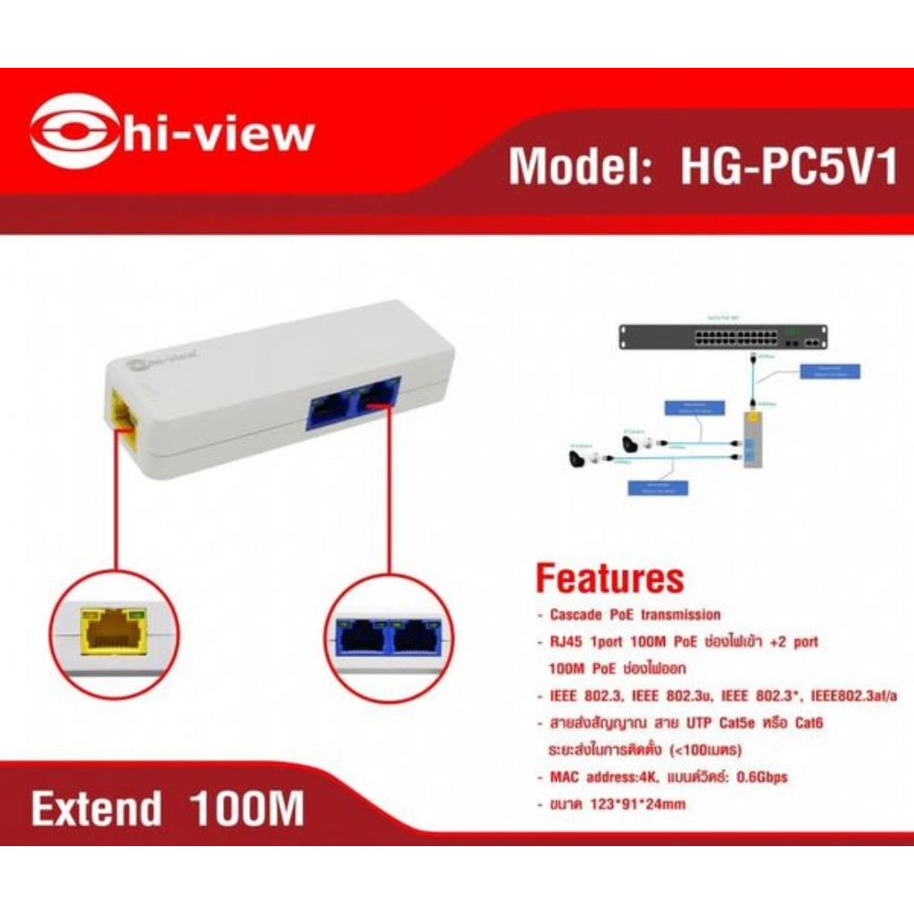 Hi-View อุปกรณ์แปลงสัญญาณภาพกล้องวงจรปิด IP + PoE (Fiber Optic) HI view รุ่น HG-PC5V1