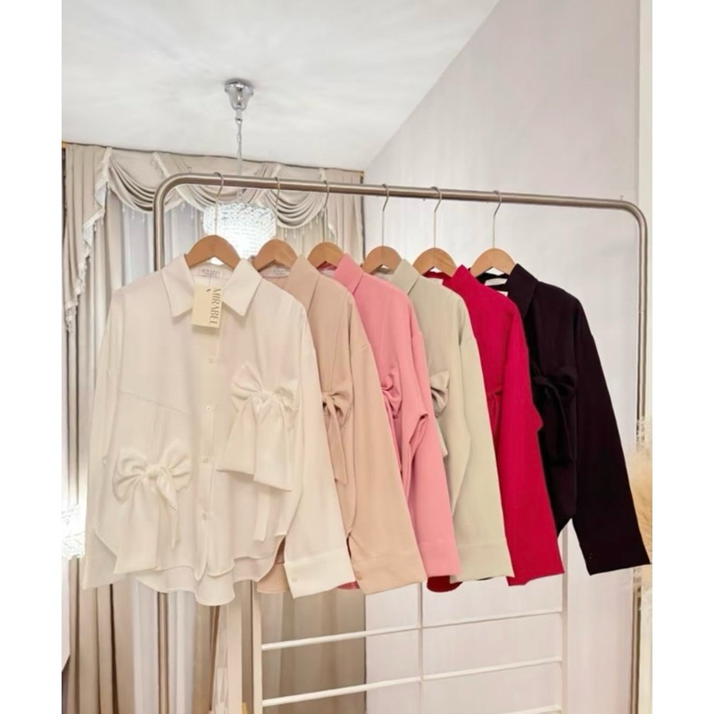 (อก 50“) เสื้อเชิ้ตแขนยาว (สีพื้น) โบว์คู่หน้า (ผ้า Crepe