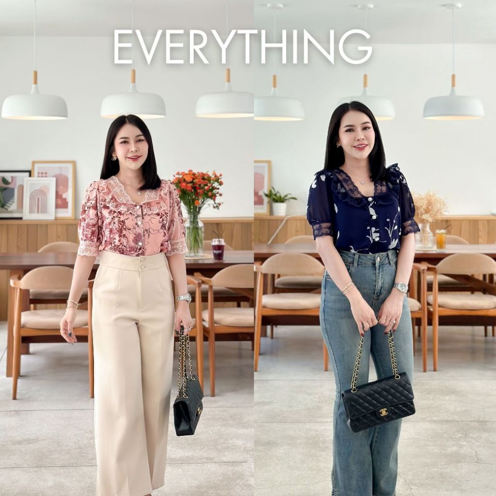 Everything2019 เสื้อทำงานผู้หญิงคอวี แขนสั้น แต่งระบายลูกไม้ กระดุมมุก ผ้าชีฟอง มีซับใน (6173)