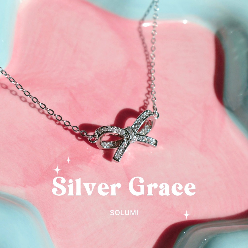 สร้อยคอรูปโบว์ประดับเพชร SOLUMI Sliver Grace necklace แพ้ง่ายใส่ได้ Nickel free
